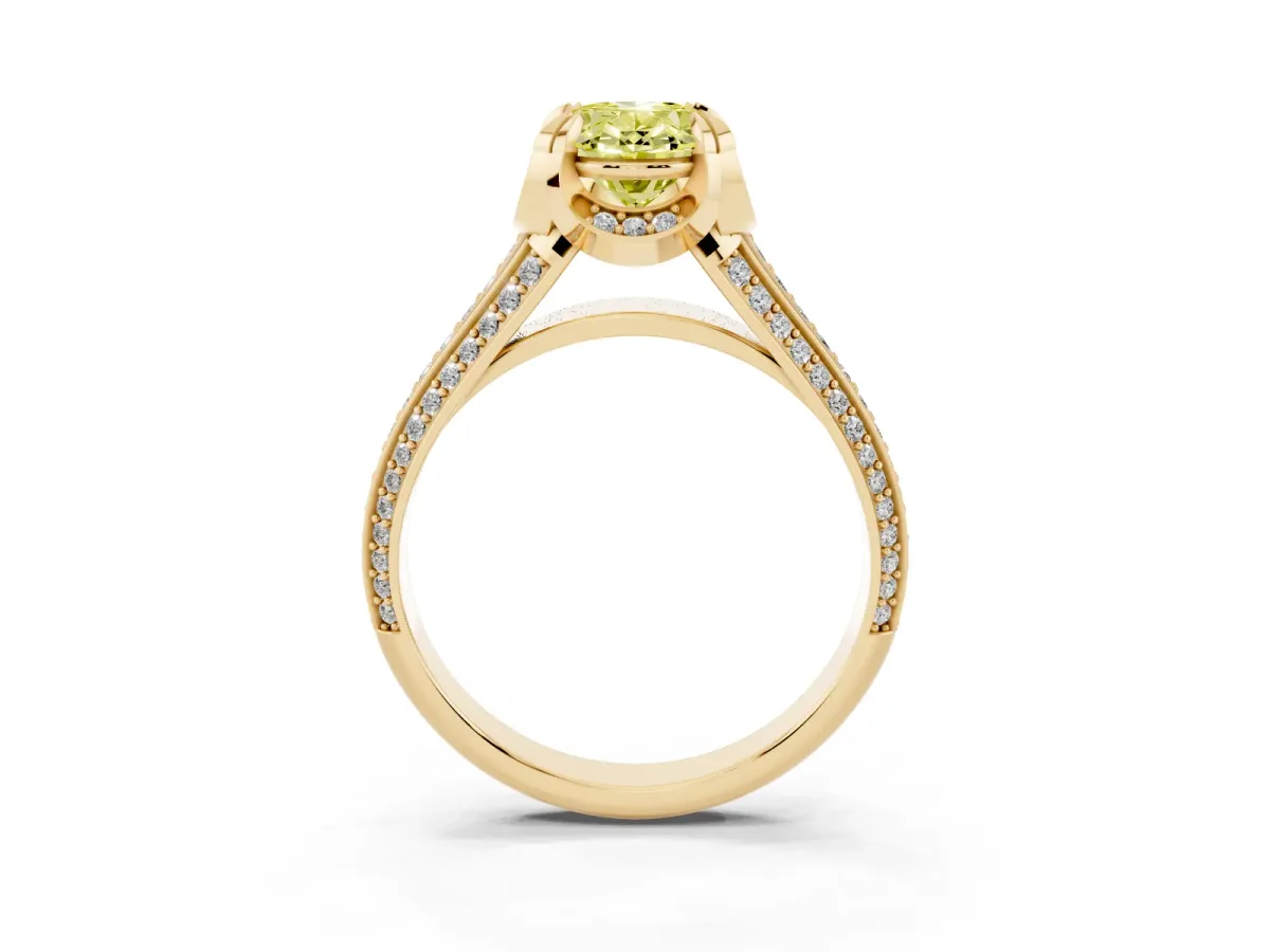 Fancy Yellow Oval Cut Solitaire Pave Split Shank Ring with Four-Prong Setting Yellow gold