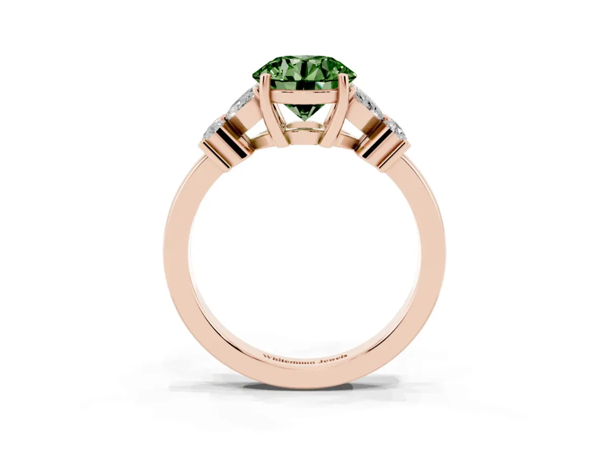 Fancy Green Round Cut Diamond Floral Cluster Ring with Solitaire Band and Prong Setting Rose gold