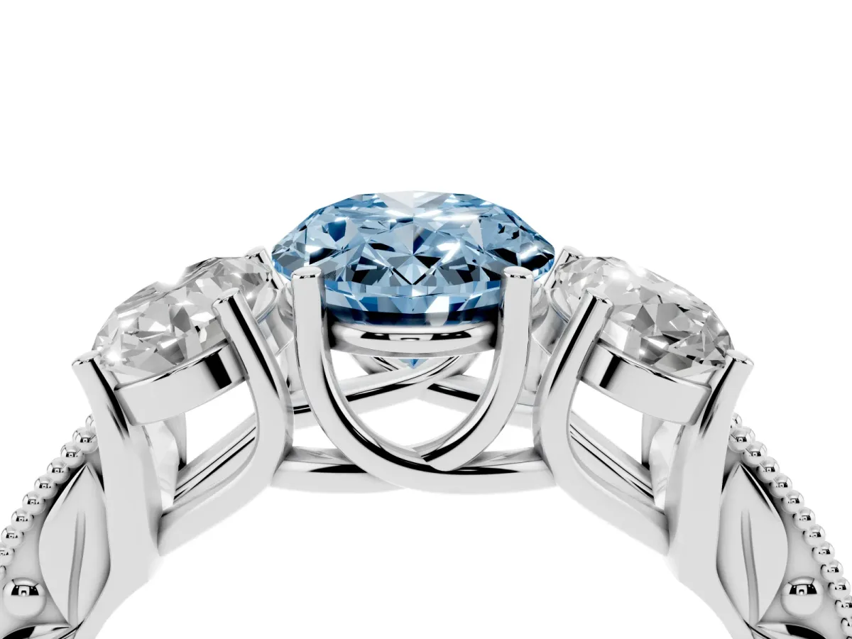 Fancy Blue Three-Stone Oval Cut Cut Milgrain Pavé Engagement Ring Platinum