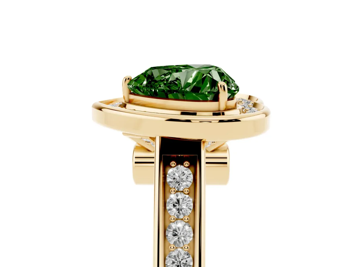 Fancy Green Heart Cut Halo Solitaire Diamond Ring with Pave Band and Bezel Setting Yellow gold