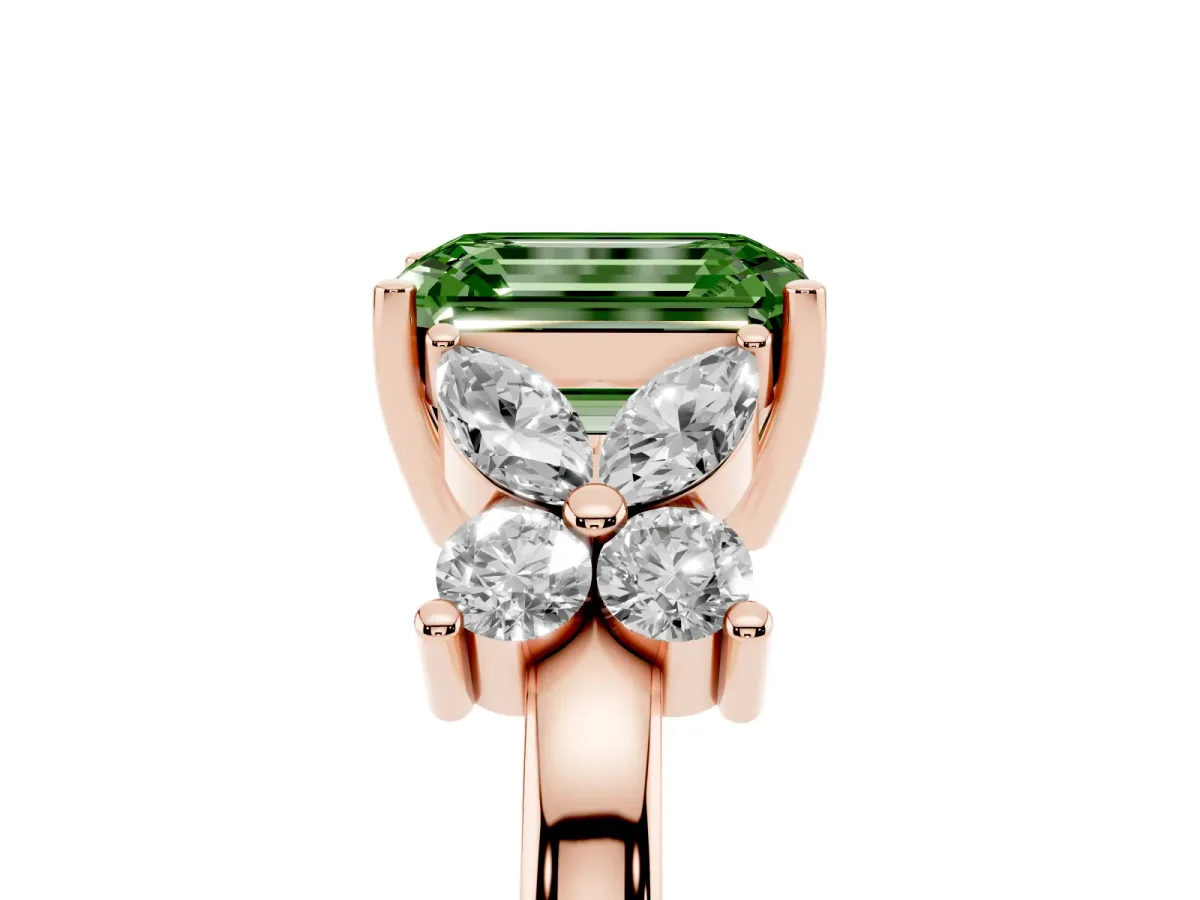 Fancy Green Emerald Cut Diamond Floral Cluster Ring with Solitaire Band and Prong Setting Rose gold