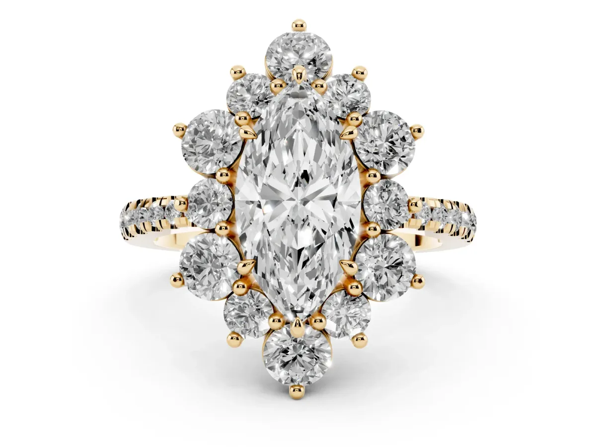 Marquise Cut Diamond Floral Halo Ring with Round Pavé Band and Prong Setting Yellow gold