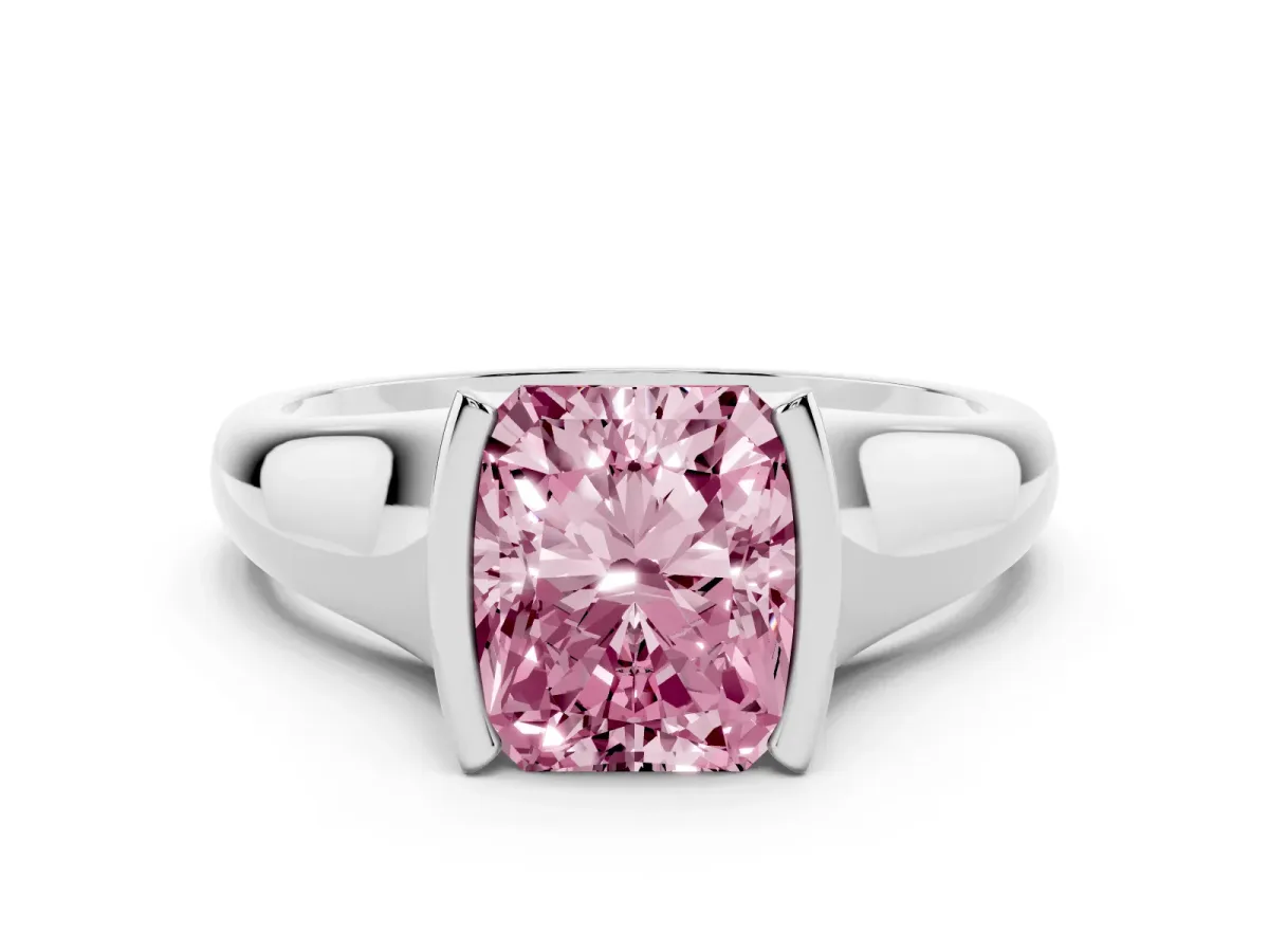 Fancy Pink Radiant Cut Solitaire Tension Set Diamond Ring with Split Shank Band Platinum