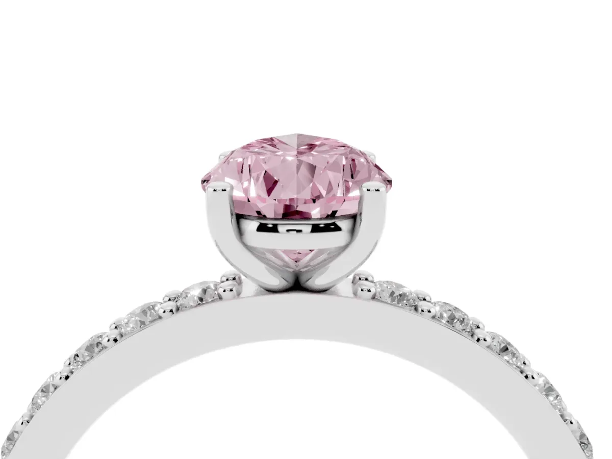 Fancy Pink Pear Cut Cut Diamond Solitaire with Pave Band and Four-Prong Setting Silver