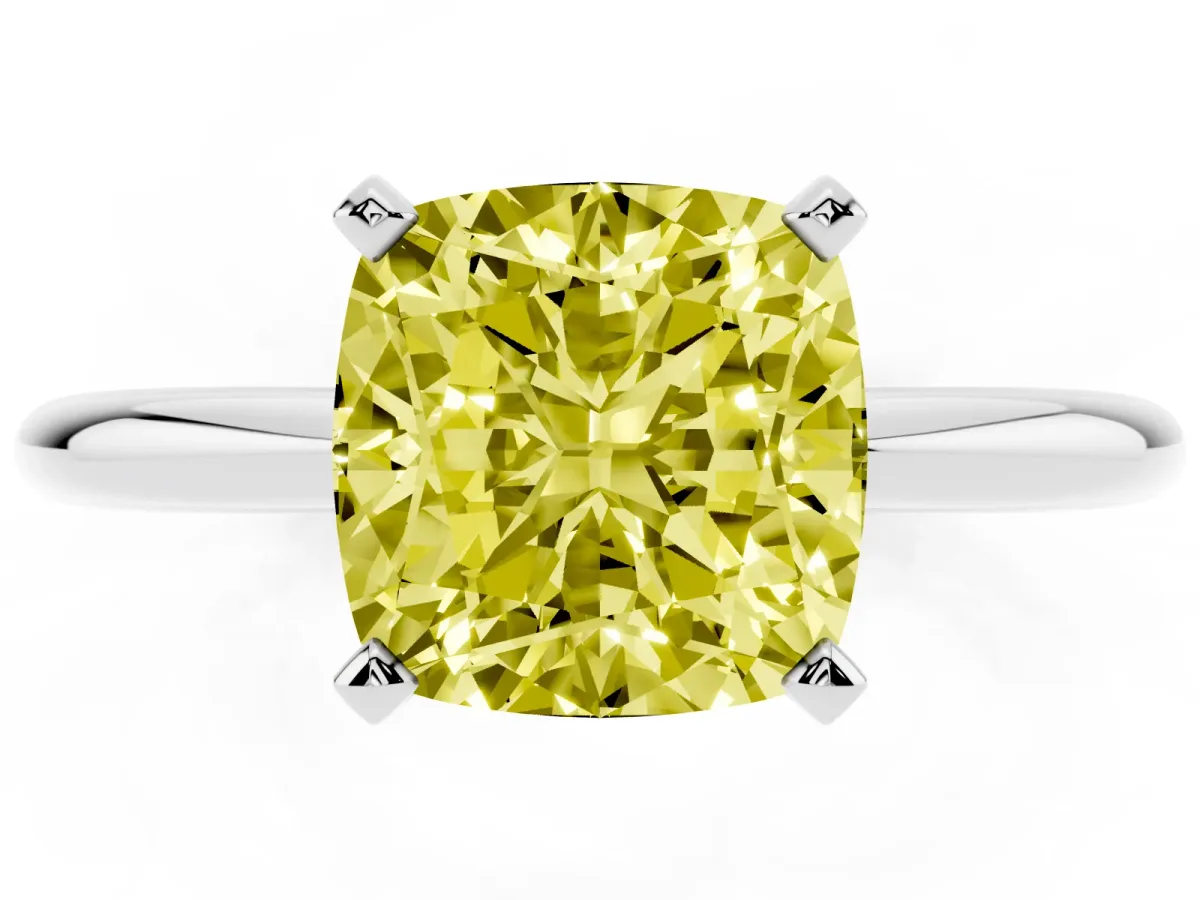Fancy Yellow Cushion Cut Diamond Solitaire Ring with Prong Setting and Classic Band White gold