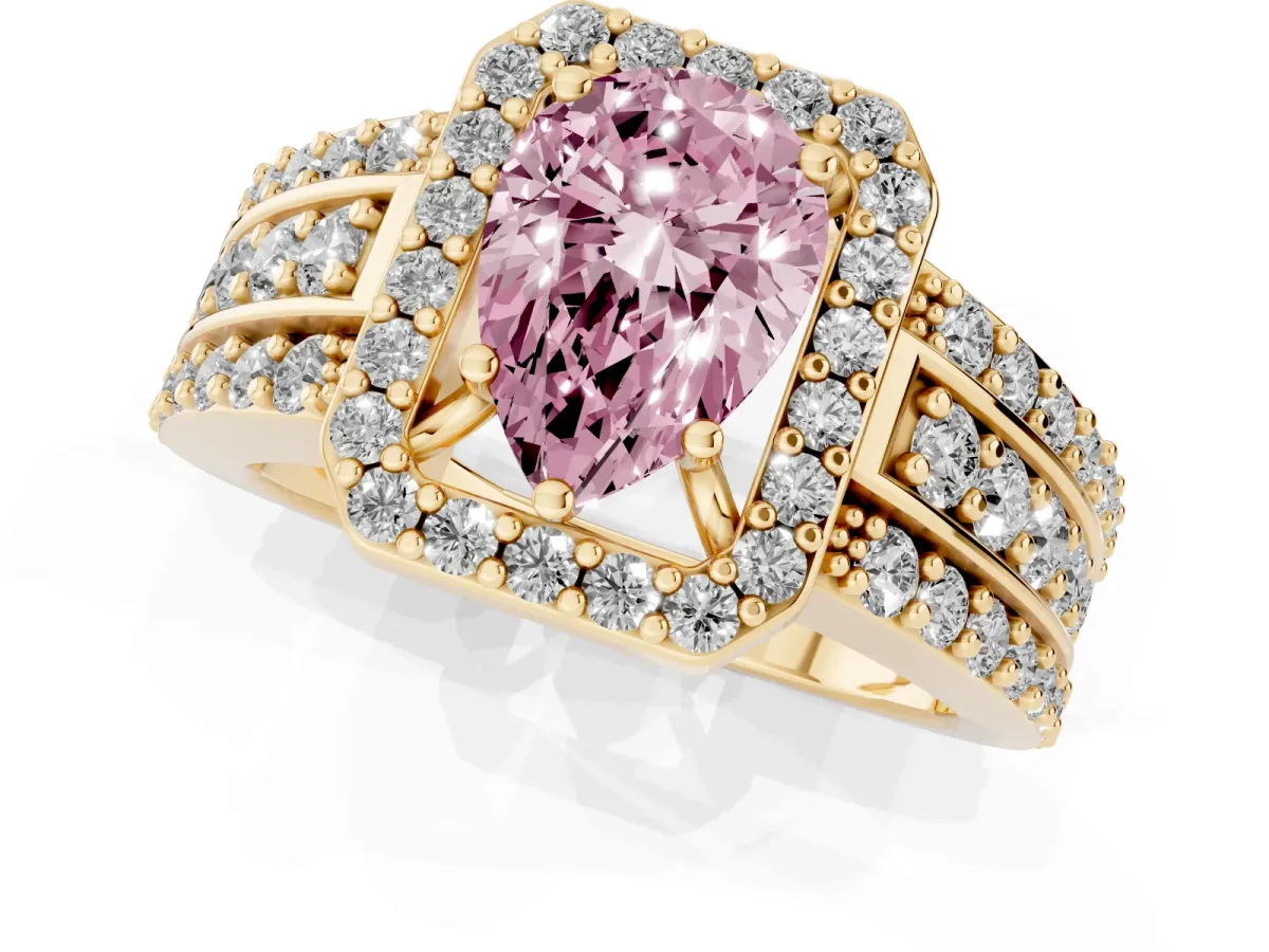 Fancy Pink Pear Cut Halo Diamond Ring with Round Split Shank and Prong Setting Yellow gold