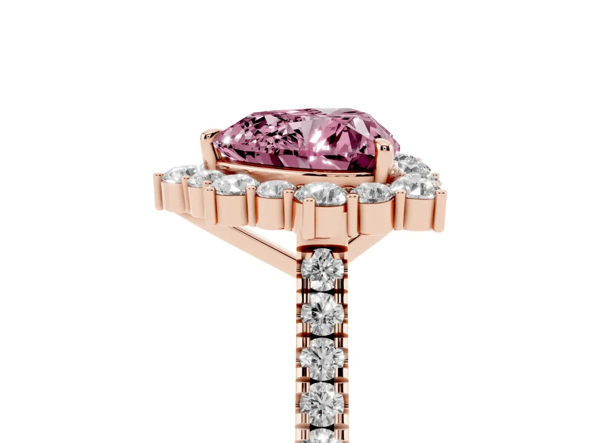 Fancy Pink Heart Cut Halo Diamond Ring with Pavé Band and Prong Setting Rose gold
