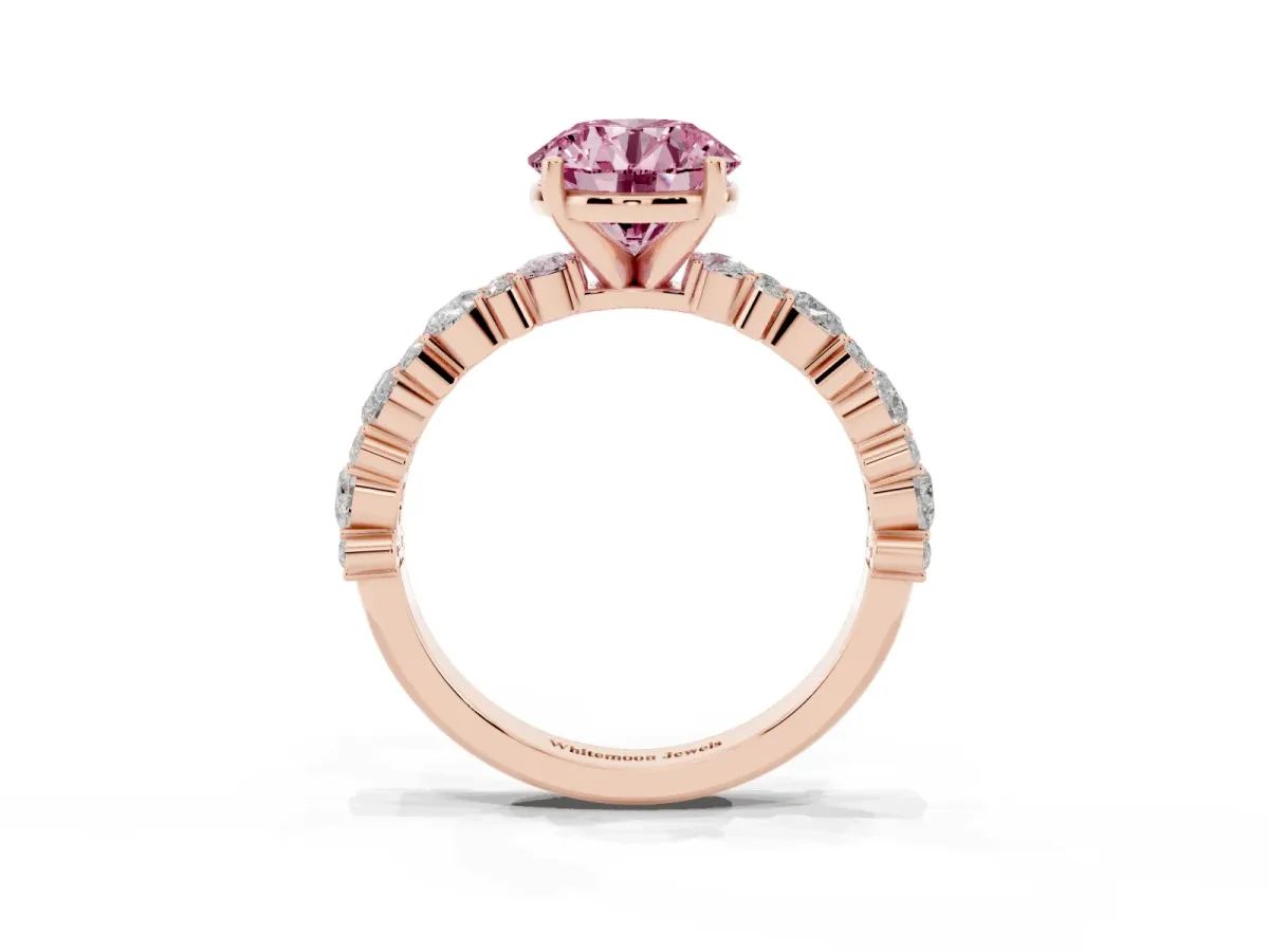 Fancy Pink Round Cut Diamond Side Stone Solitaire Ring with Round and Four-Prong Setting Rose gold