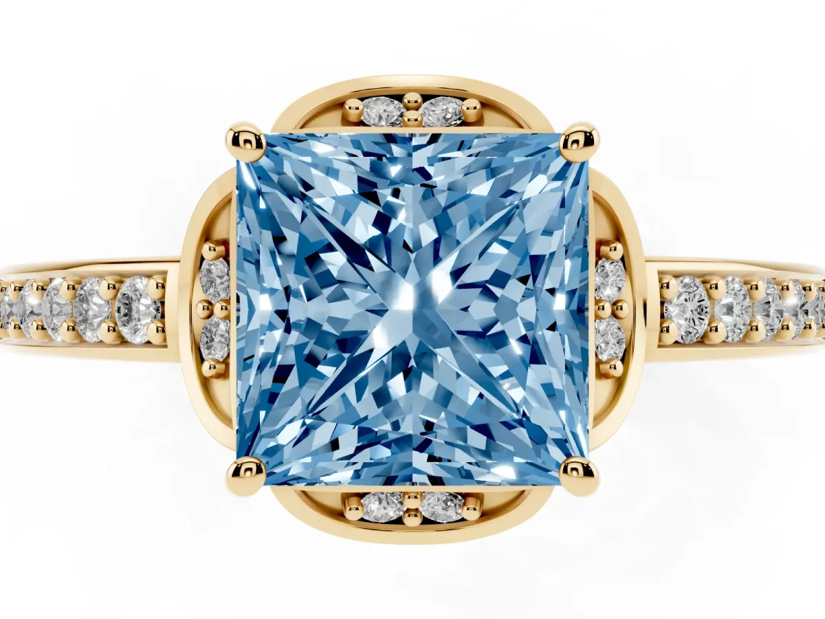 Fancy Blue Princess Cut Cut Halo Diamond Ring with Channel Set Band and Four-Prong Setting Yellow gold