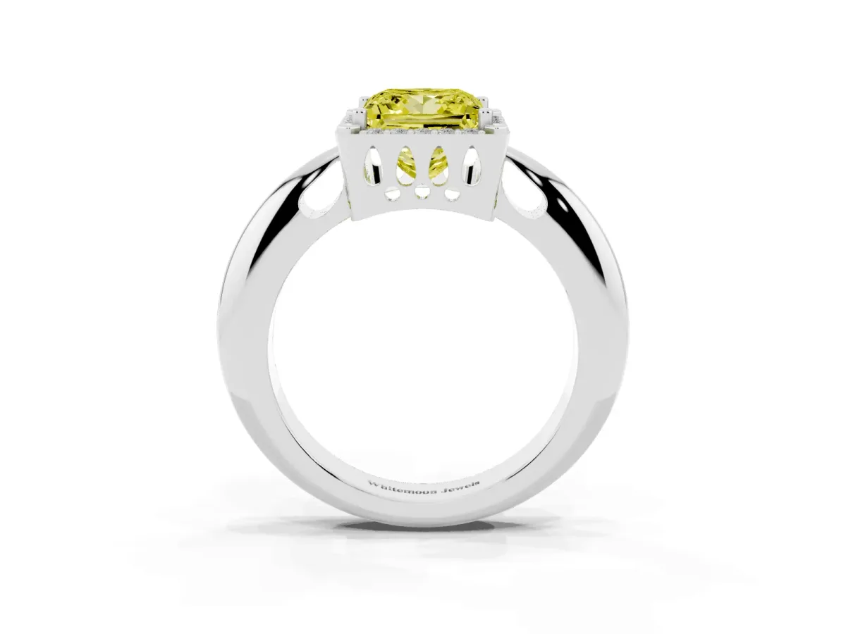 Fancy Yellow Princess Cut Cut Diamond Halo Engagement Ring with Split Shank and Four-Prong Setting Platinum