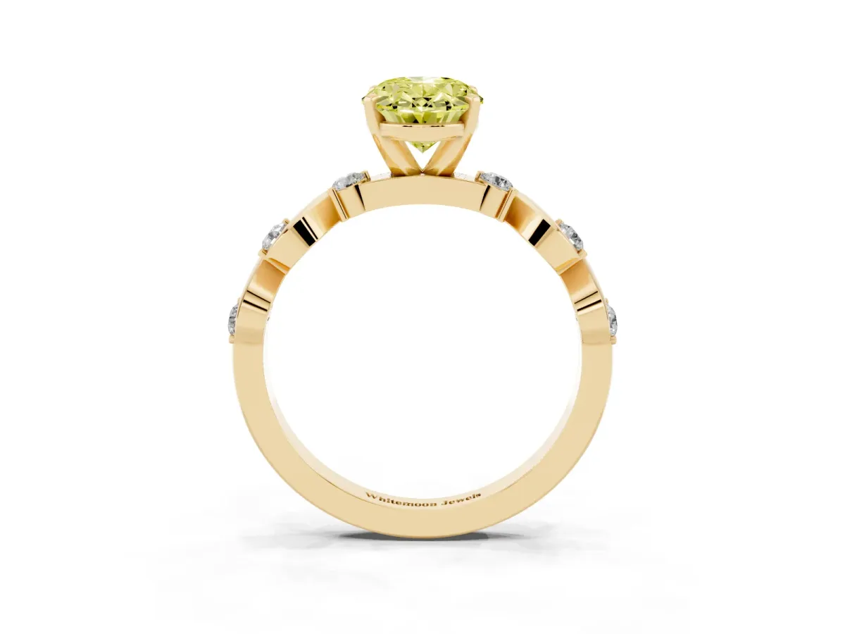 Fancy Yellow Oval Cut Diamond Solitaire Twisted Band with Round Accents and Prong Setting Yellow gold