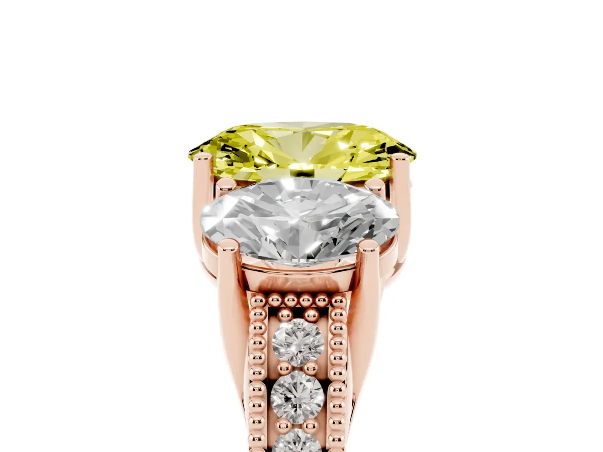 Fancy Yellow Three-Stone Oval Cut Cut Milgrain Pavé Engagement Ring Rose gold