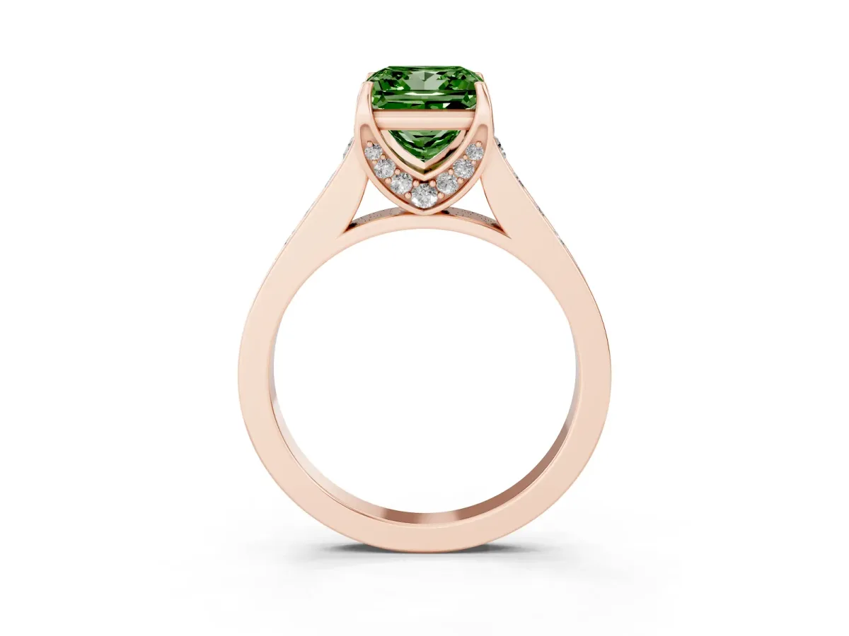 Fancy Green Princess Cut Brilliant Cut Diamond Engagement Ring with Pavé Band and Four-Prong Setting Rose gold