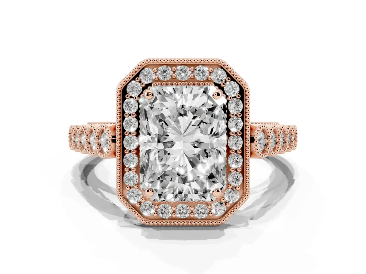 Radiant Cut Halo Milgrain Solitaire with Bezel Set Side Stones and Pave Band Rose gold