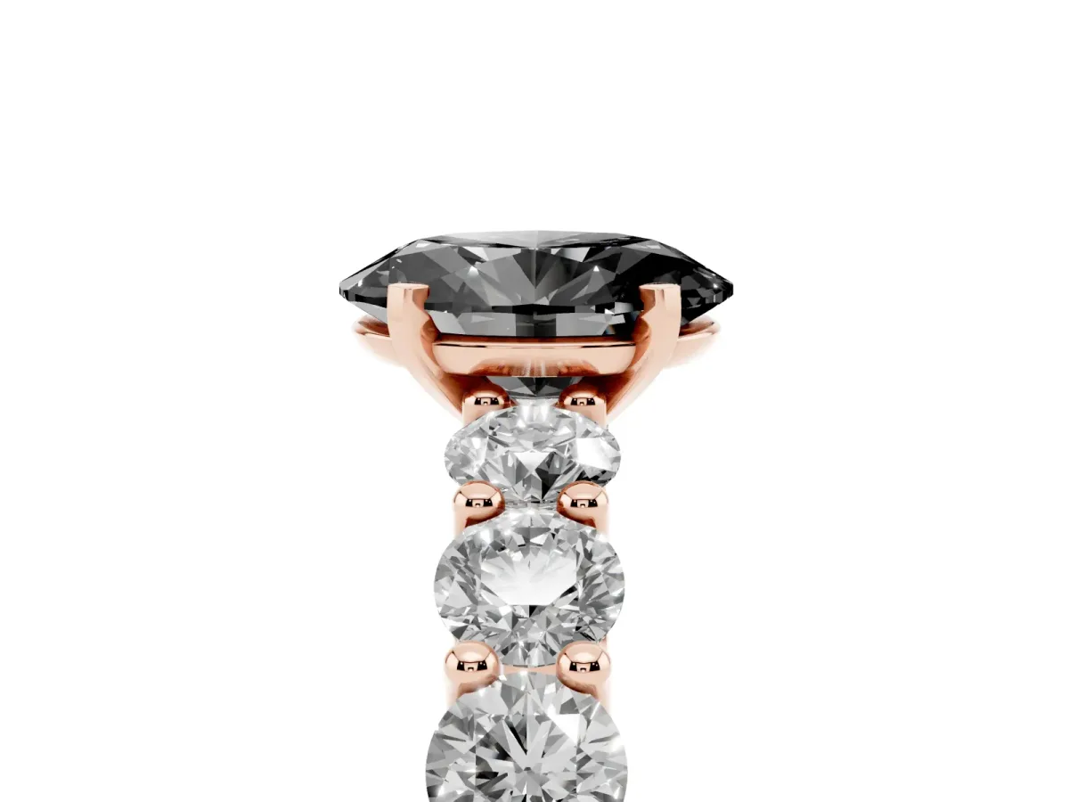 Fancy Black Oval Cut Diamond Prong Setting with Side Stones on a Pave Band Rose gold