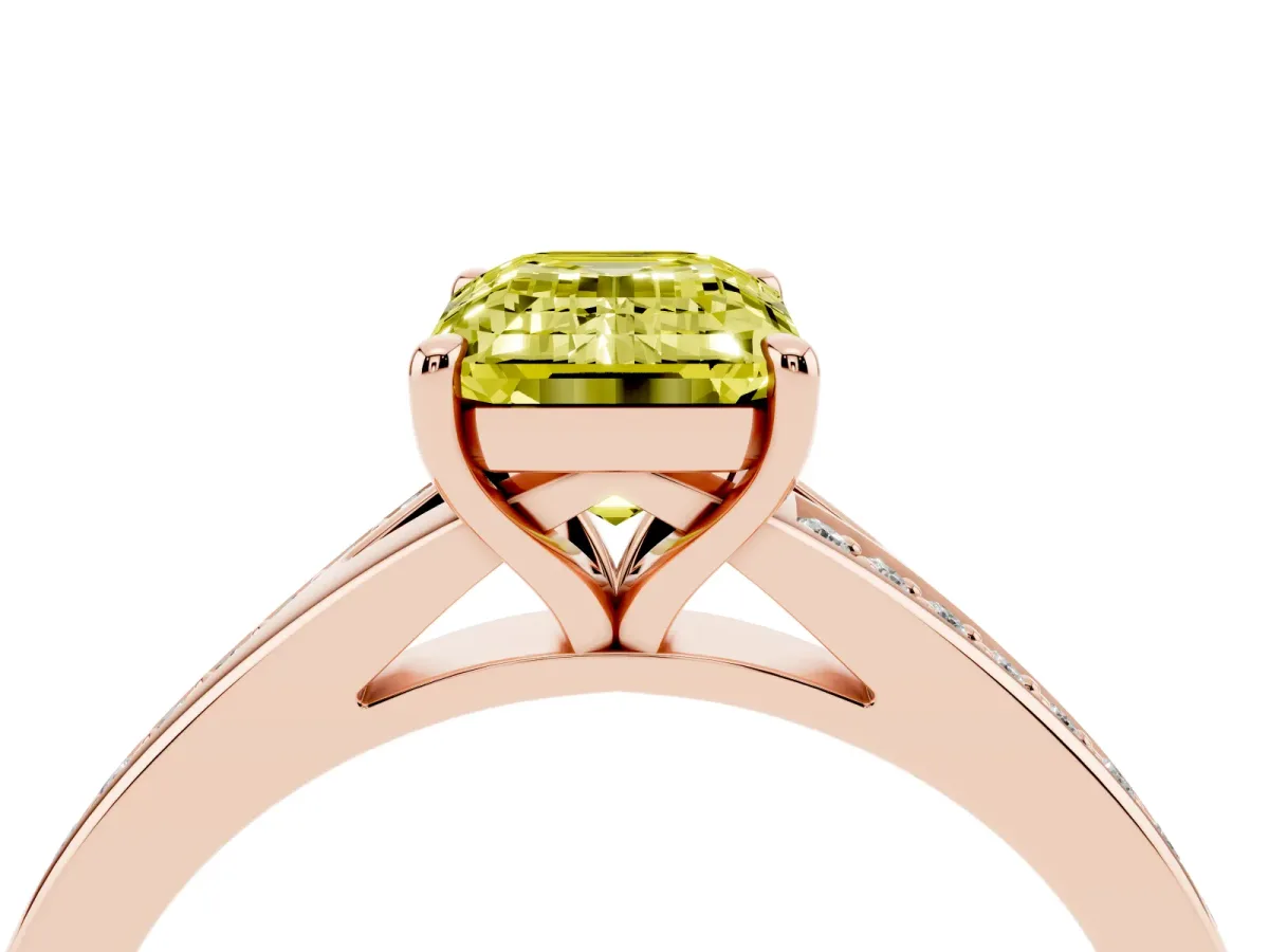 Fancy Yellow Emerald Cut Diamond Solitaire Ring with Pavé Band and Prong Setting Rose gold