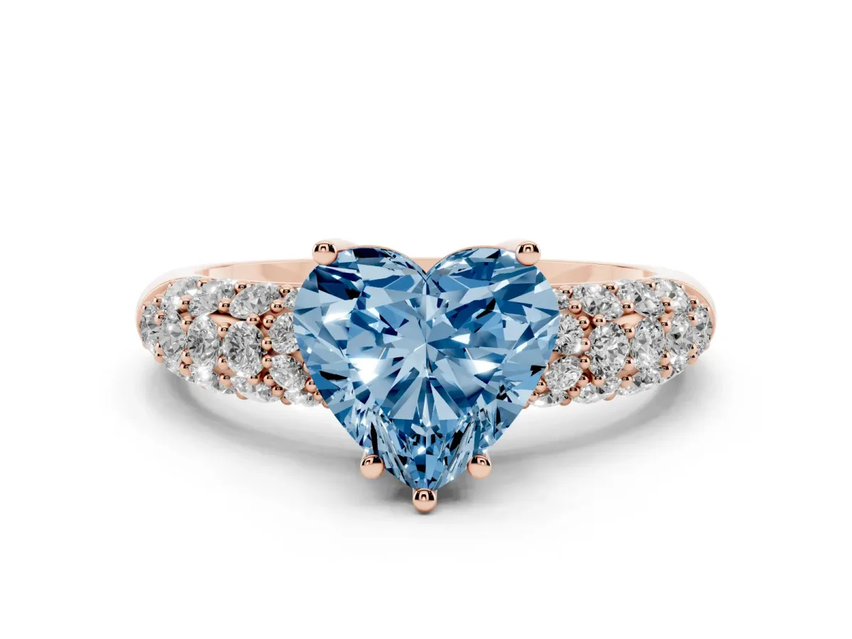Fancy Blue Heart Cut Diamond Pavé Band Solitaire Ring with Four-Prong Setting Rose gold