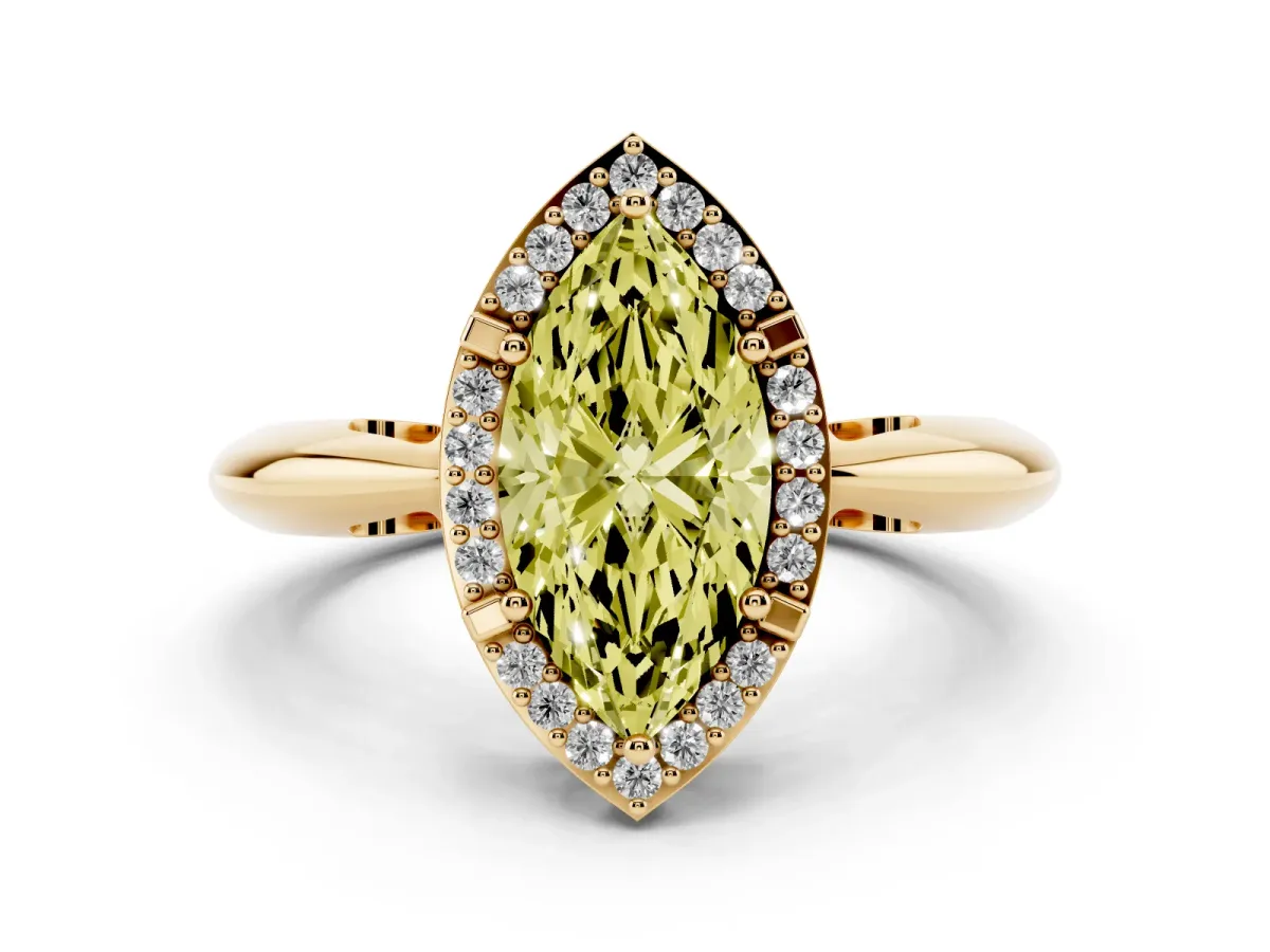 Fancy Yellow Marquise Cut Cut Diamond Halo Engagement Ring with Split Shank and Four-Prong Setting Yellow gold