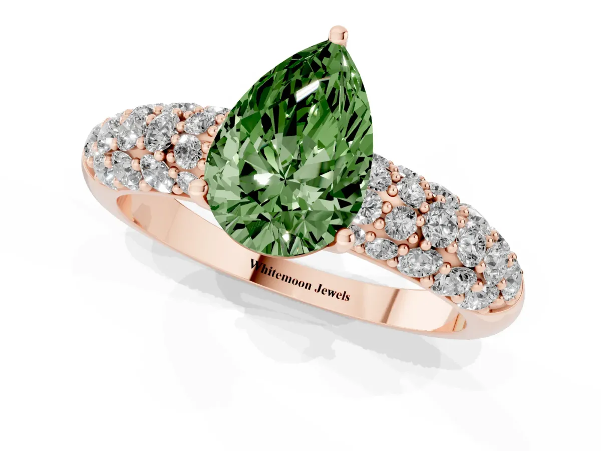 Fancy Green Pear Cut Diamond Pavé Band Solitaire Ring with Four-Prong Setting Rose gold