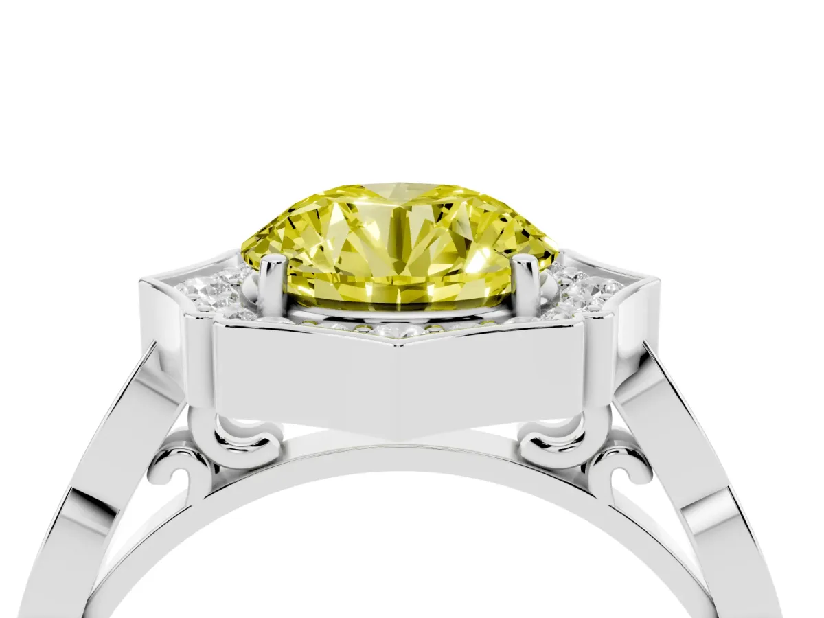 Fancy Yellow Round Cut Halo Diamond Engagement Ring with Milgrain Band and Four-Prong Setting Platinum
