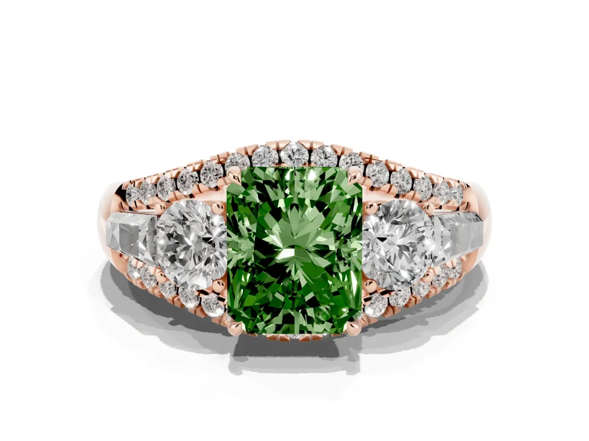 Fancy Green Three-Stone Radiant Cut Diamond Engagement Ring with Pave Band and Prong Setting Rose gold