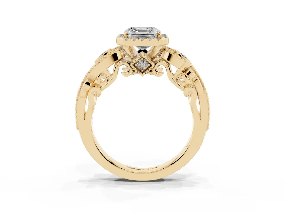 Asscher Cut Halo Diamond Ring with Milgrain and Bezel Accents on a Split Shank Band Yellow gold