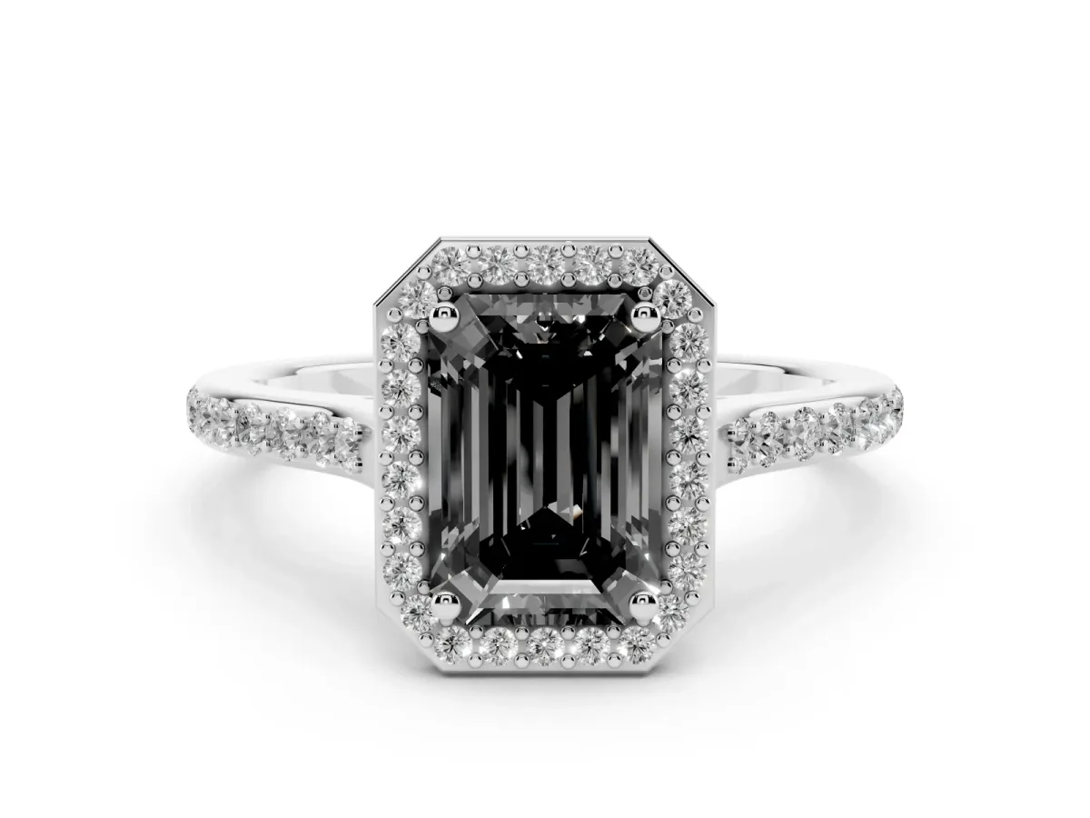 Fancy Black Emerald Cut Diamond Halo Engagement Ring with Round Pavé Shoulders and Prong Setting White gold