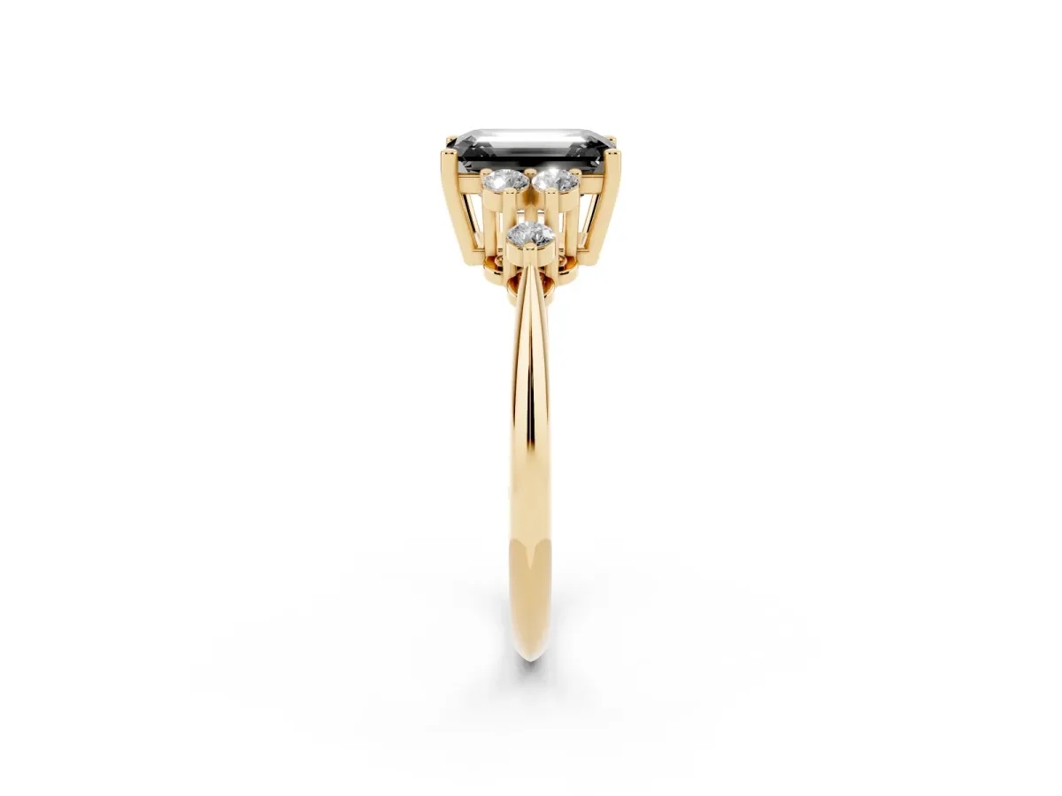 Fancy Black Emerald Cut Cut Diamond Cluster Ring with Solitaire Band and Four-Prong Setting Yellow gold
