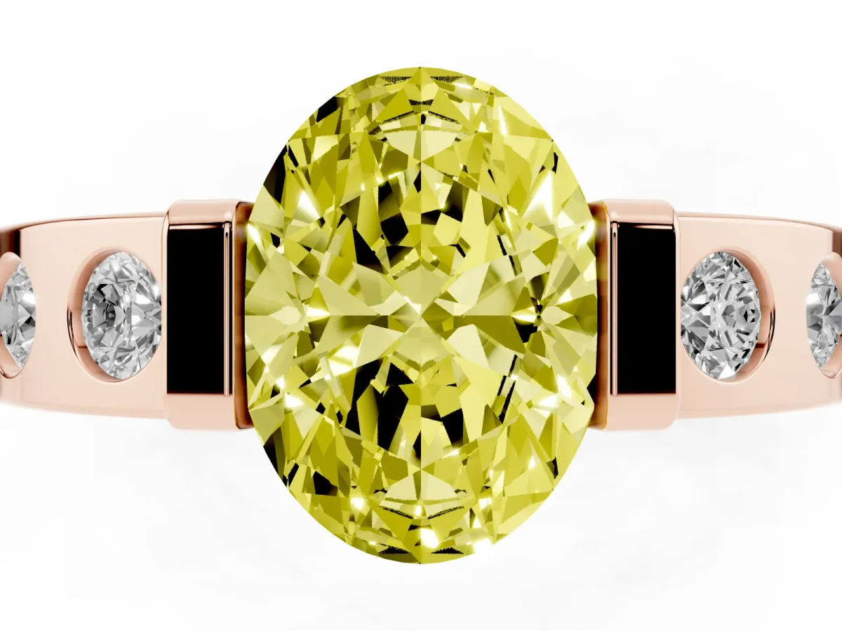 Fancy Yellow Oval Cut Brilliant Channel-Set Diamond Ring with Bezel Prong Setting Rose gold
