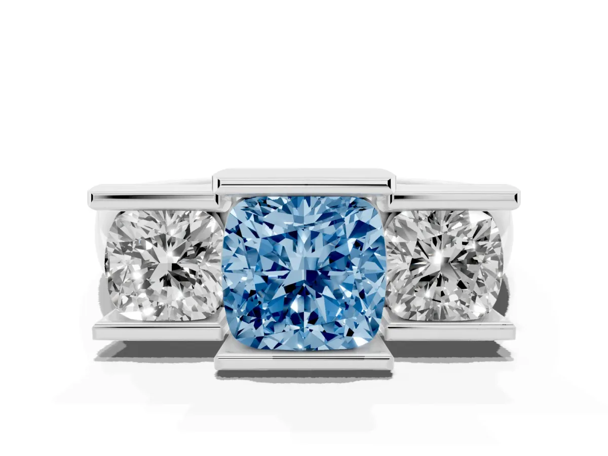 Fancy Blue Three Stone Cushion Cut Cut Channel Set Diamond Ring Silver