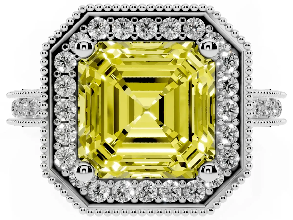 Fancy Yellow Asscher Cut Diamond Milgrain Halo Engagement Ring with Round Pavé Band and Prong Setting Platinum