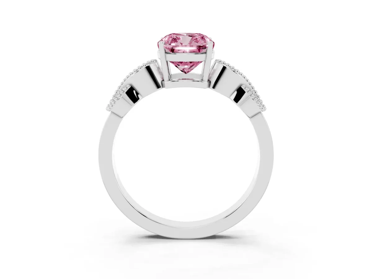 Fancy Pink Cushion Cut Solitaire Milgrain Leaf Band with Prong Setting Silver