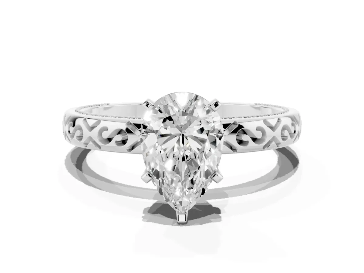Pear Cut Solitaire Engagement Ring with Scrollwork Band and Four-Prong Setting White gold