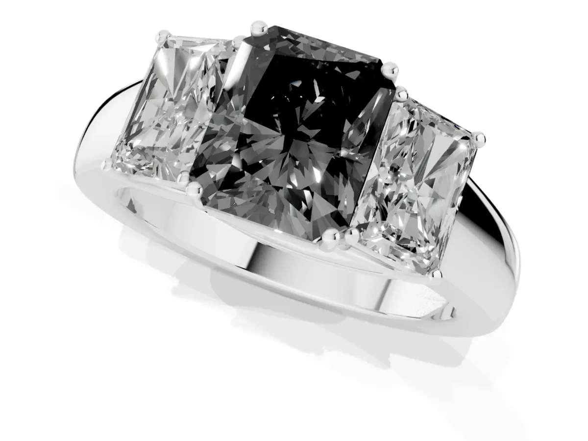 Fancy Black Three-Stone Radiant Cut Cut Diamond Ring with Prong Setting and Classic Band Silver