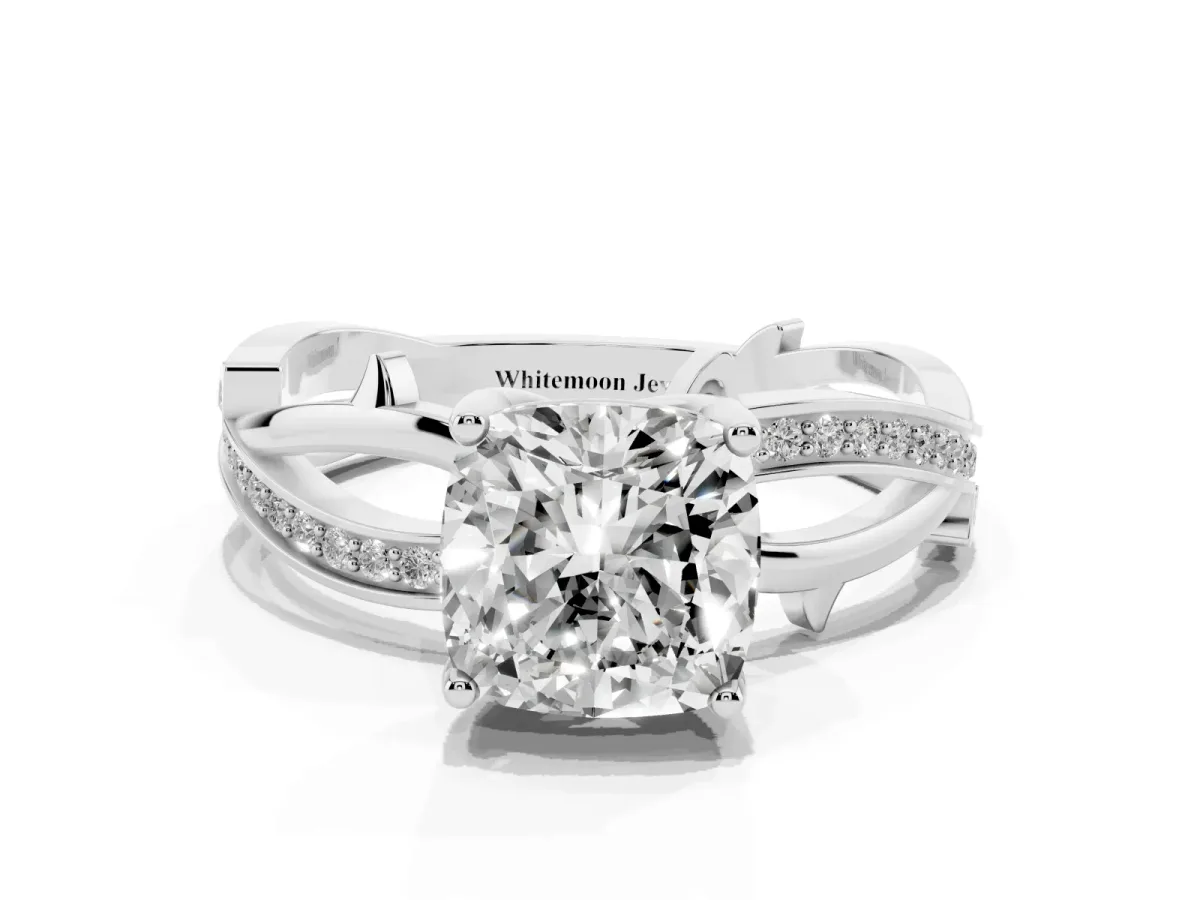 Cushion Cut Solitaire Twist Band with Pavé Accents and Four-Prong Setting White gold