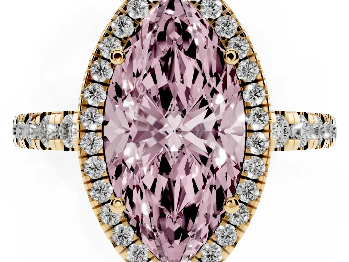 Fancy Pink Marquise Cut Diamond Halo Ring with Pavé Band and Four-Prong Setting Yellow gold