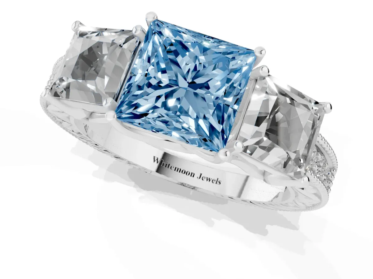 Fancy Blue Three-Stone Princess Cut Cut Milgrain Pavé Engagement Ring Silver