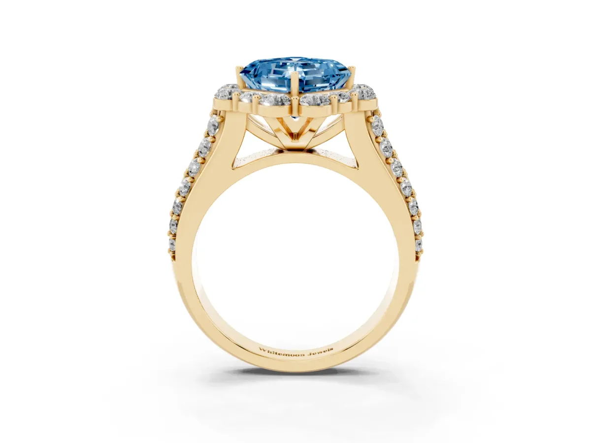 Fancy Blue Asscher Cut Halo Diamond Engagement Ring with Split Shank and Prong Setting Yellow gold