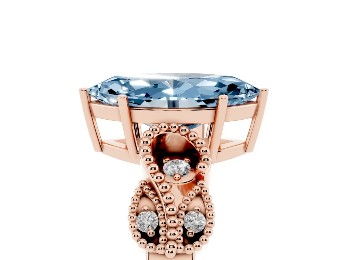 Fancy Blue Marquise Cut Solitaire Milgrain Leaf Band with Prong Setting Rose gold