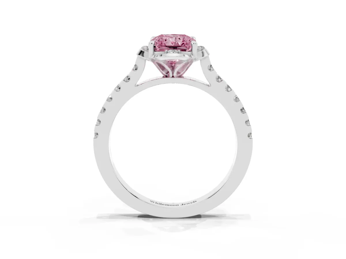 Fancy Pink Radiant Cut Diamond Ring with Pavé Band and Floral Prong Setting Platinum