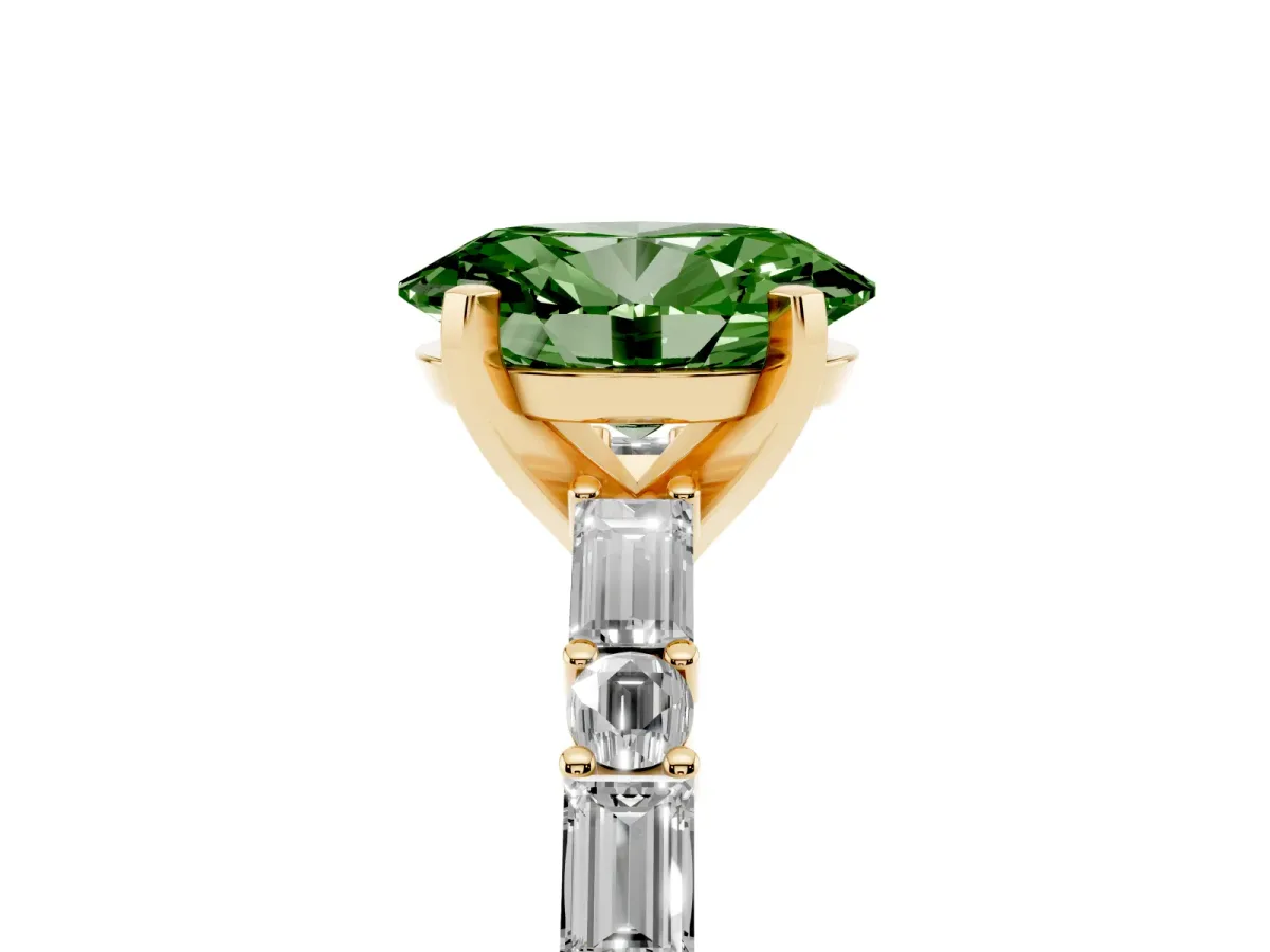 Fancy Green Oval Cut Diamond Solitaire with Side Baguettes and Channel Set Band Yellow gold