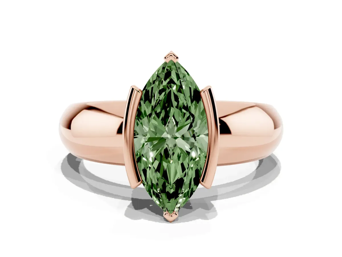 Fancy Green Marquise Cut Solitaire Tension Set Diamond Ring with Wide Band Rose gold