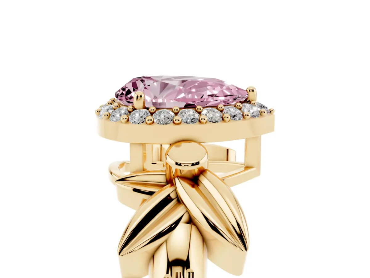 Fancy Pink Pear Cut Halo Diamond Floral Band with Four-Prong Setting Yellow gold