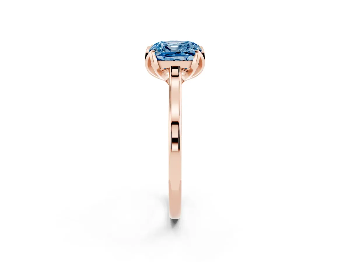 Fancy Blue Cushion Cut Diamond Solitaire Ring with Flower Prong Setting and Classic Band Rose gold