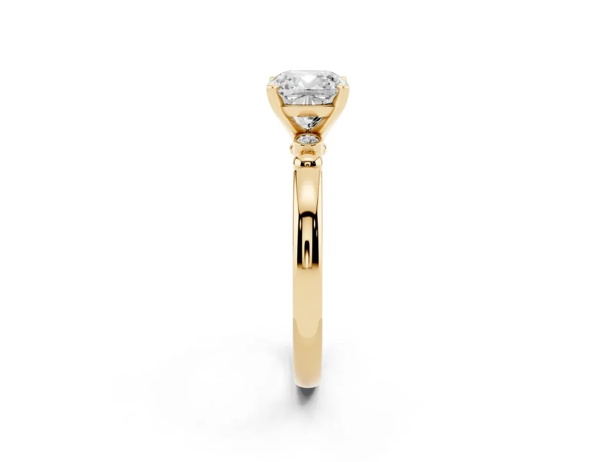 Cushion Cut Solitaire Beaded Band with Four-Prong Setting Yellow gold