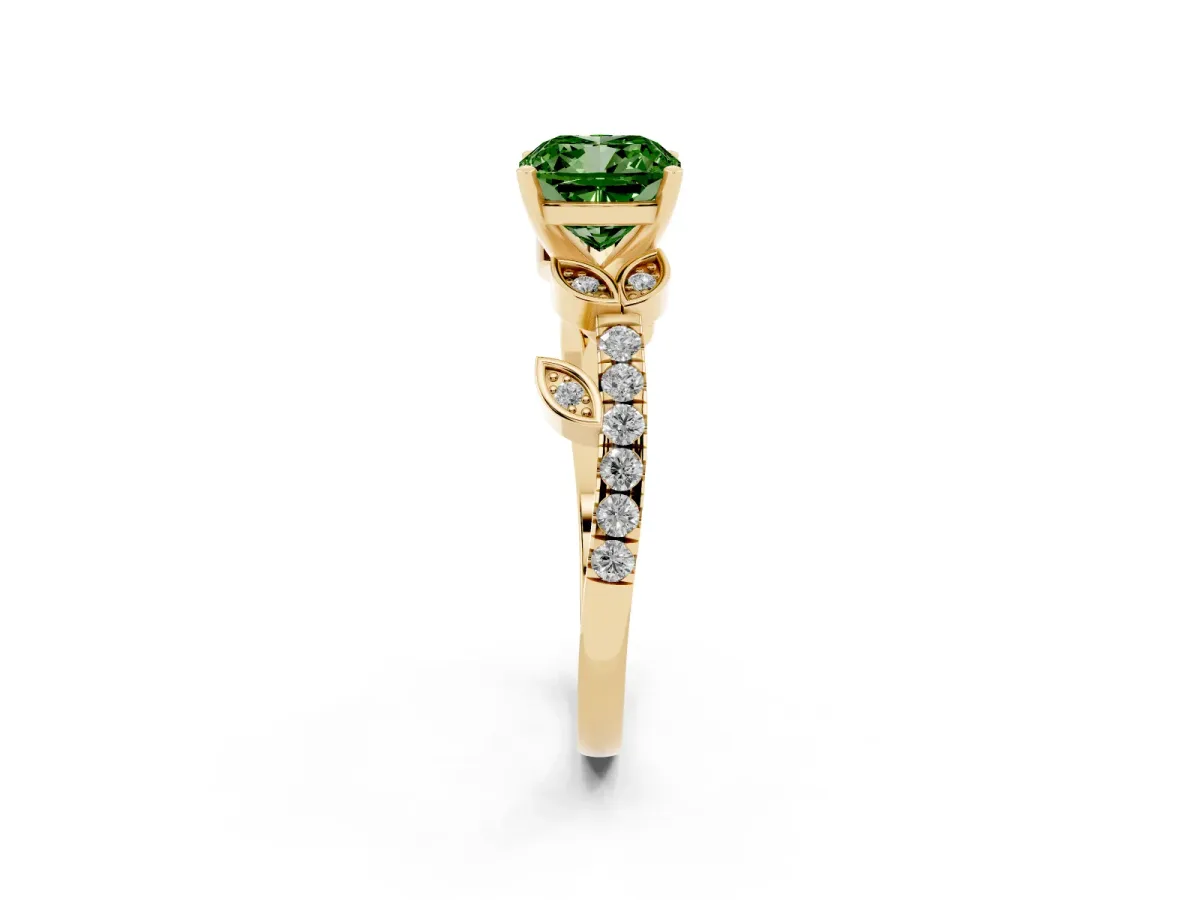 Fancy Green Cushion Cut Solitaire Leaf-Inspired Diamond Ring with Pavé Band and Four-Prong Setting Yellow gold