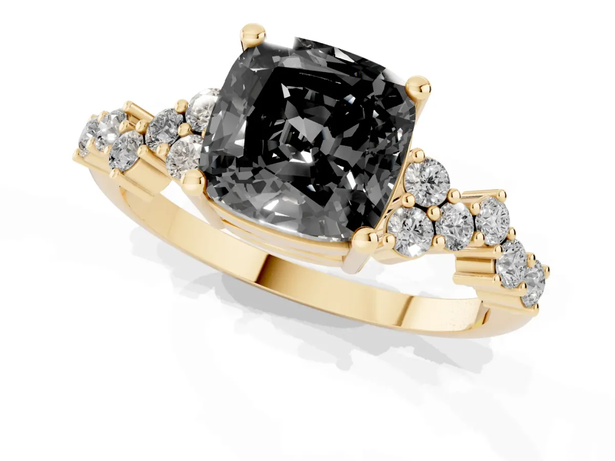 Fancy Black Cushion Cut Diamond Scattered Round Accent Ring with Prong Setting Yellow gold