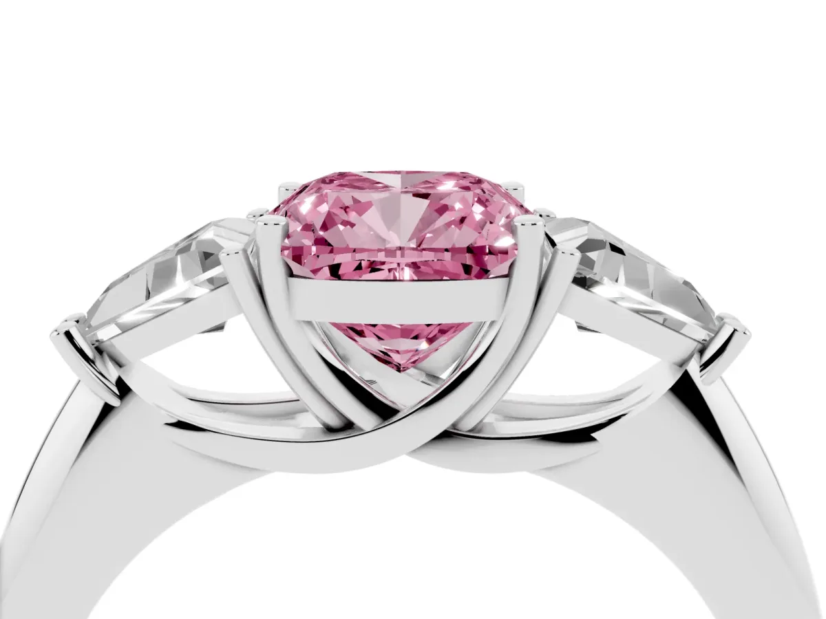 Fancy Pink Three-Stone Cushion Cut Diamond Engagement Ring with Trillion Side Stones and Prong Setting Silver