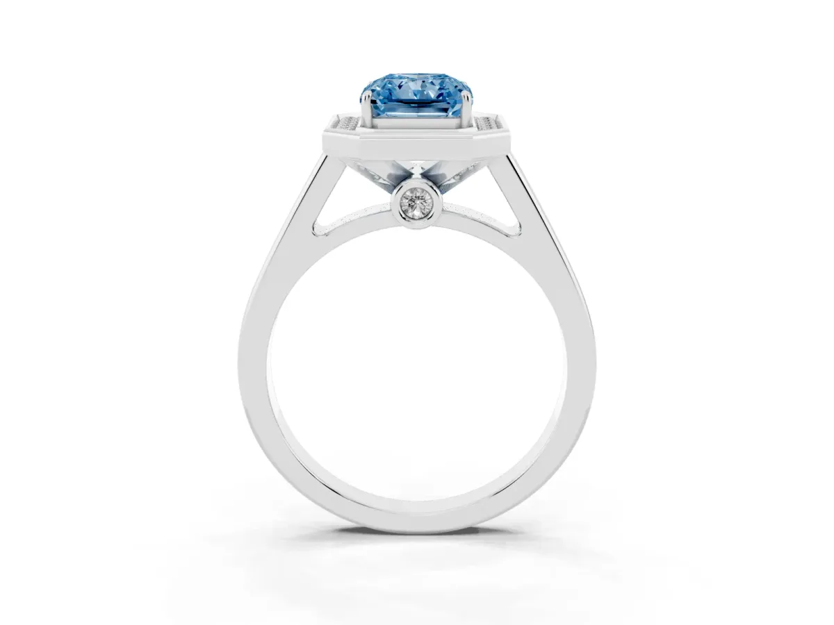 Fancy Blue Emerald Cut Halo Solitaire Diamond Ring with Pave Band and Bezel Setting Silver