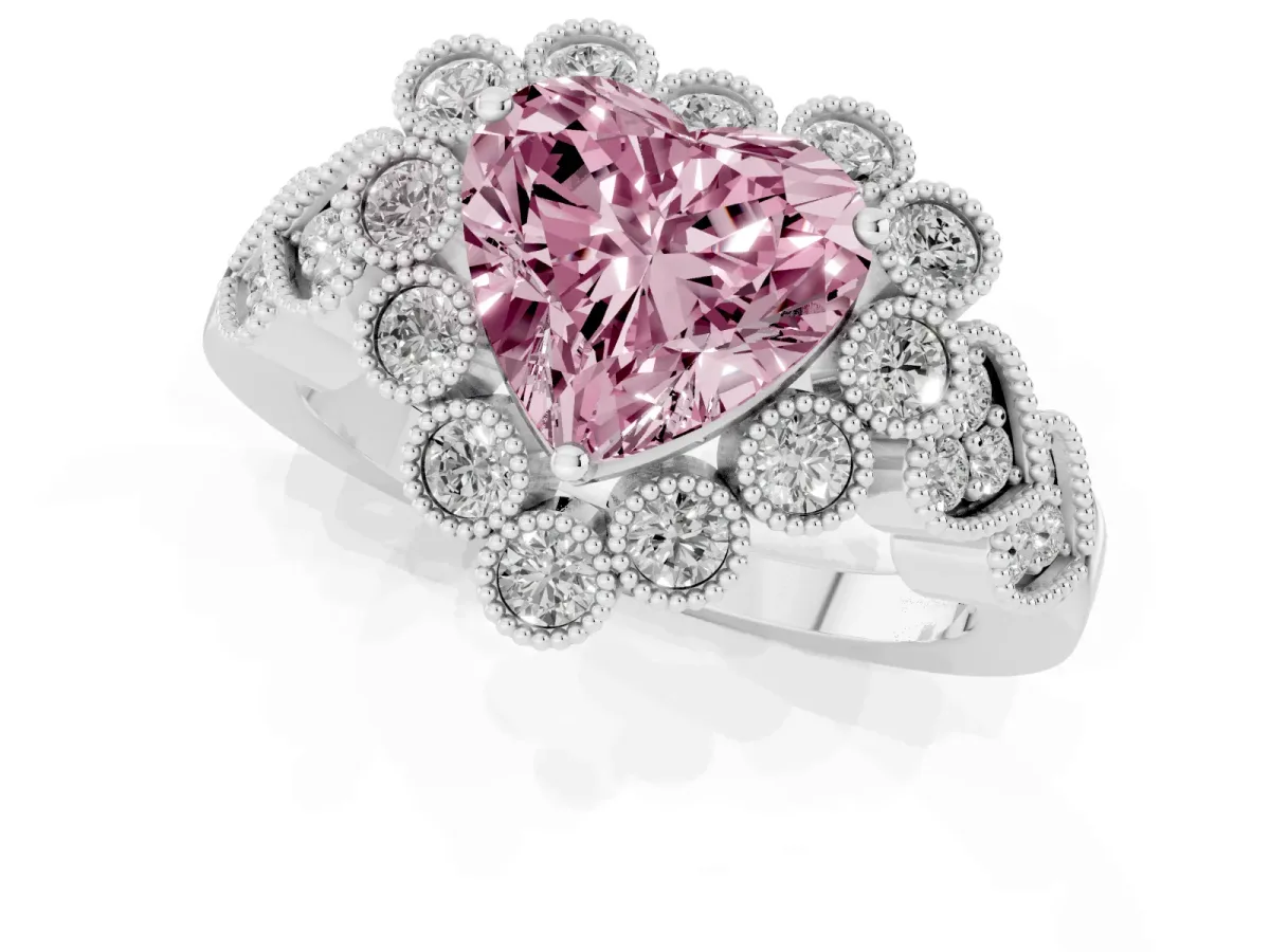 Fancy Pink Heart Cut Brilliant Milgrain Pave Heart Band Solitaire Ring Silver
